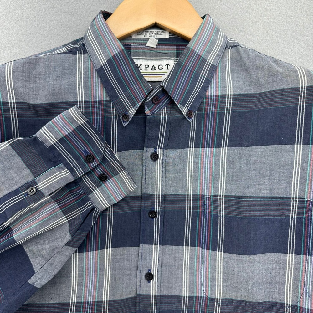 80s‎ Impact Plaid Button Up Big Man Shirt Long Sleeve Casual 2XL Lightweight VTG